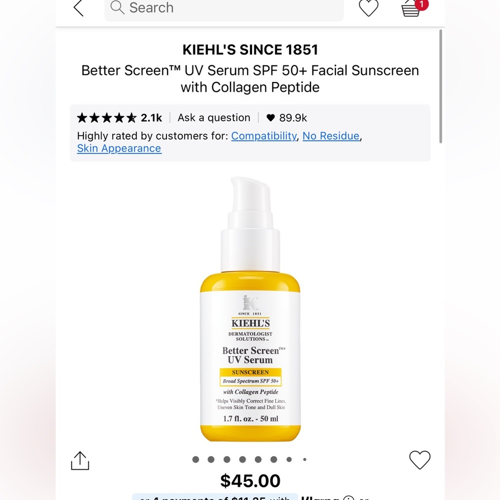Kiehl's Yellow UV Serum SPF 50+ Facial Sunscreen BRAND NEW NWT